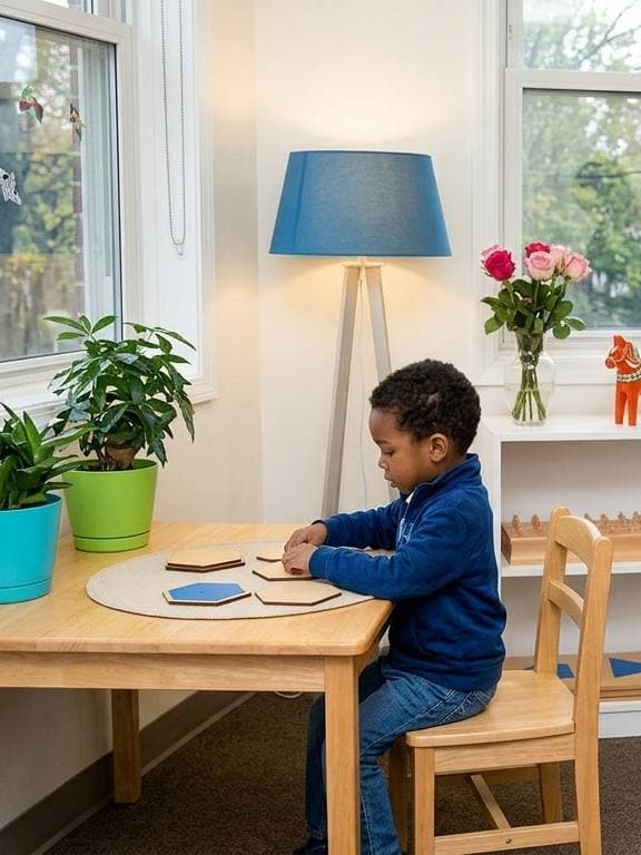 A child working with geometric material in a Montessori environment